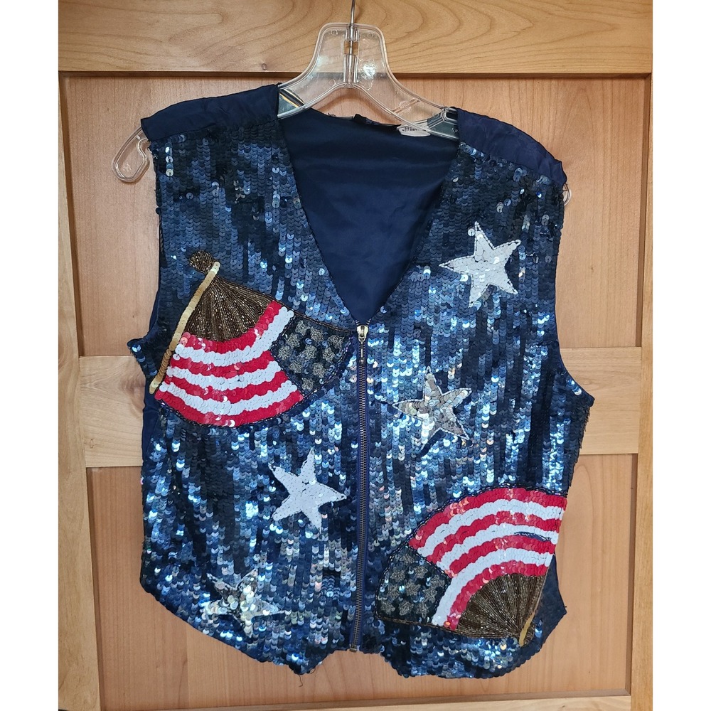 Vintage MODI‎ Silk Sequin XL Vest Festival American Flag 4th Fourth July Beaded